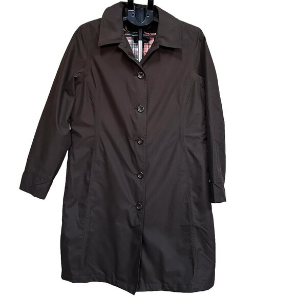 Lands' End Button Up Rain Coat Brown with Removable Liner, Plaid Accent, Size M